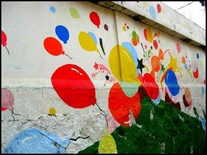 ballons, mural, Gaemi Maeul, Ant Village, Seoul, South Korea, Art, colorful wall, photography
