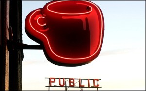 coffee mug, coffee cup, Seattle, Emerald City, NW, café, sign, neon sign