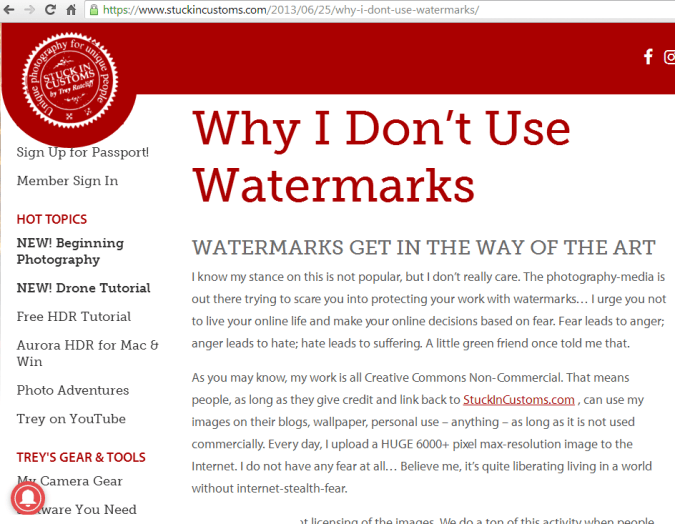 Should you use watermarks to protect your photos online? Photography expert Trey Ratcliffe explains why he doesn't. #copyright #photography #watermark #blog #blogging #photographers