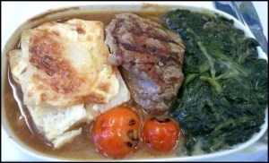 potato gratin, beef, spinach, in flight food, gourmet food, Finnair, business class, J class, travel, photography, TS76