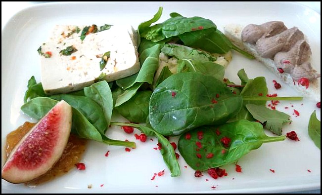 Spinach, fig, tofu, salad, in flight food, gourmet food, Finnair, business class, J class, travel, photography, TS76