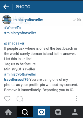Instagram screen capture, note to account owner, photography rights