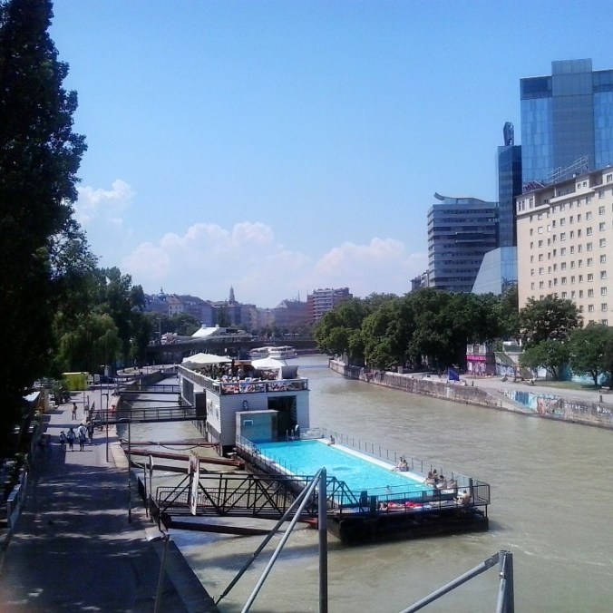 Danube Canal, Vienna, Austria, bar, outdoor swimming pool, bar, city view, Wien, Osterreich