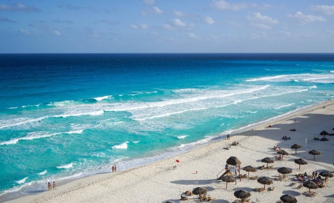 Cancun, Mexico is bordered by the turquoise waters of the Caribbean Sea