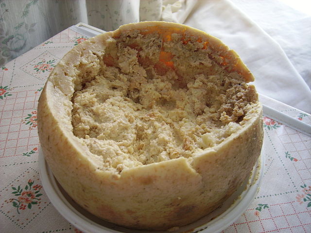 Maggot Cheese or also known as casu marzu is a very peculiar cheese made from sheep milk with larvae inside. Definitely not for the faint at heart but adventurous palates!