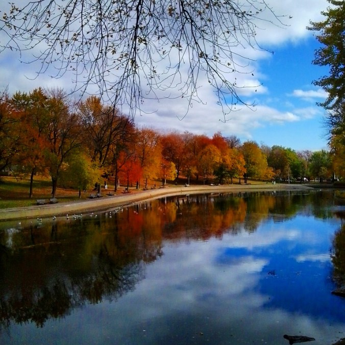 Fall is definitely one of the most beautiful seasons in Canada. This is Lafontaine Park and the fall foliage reflected on the lake. Picture card perfect right?
