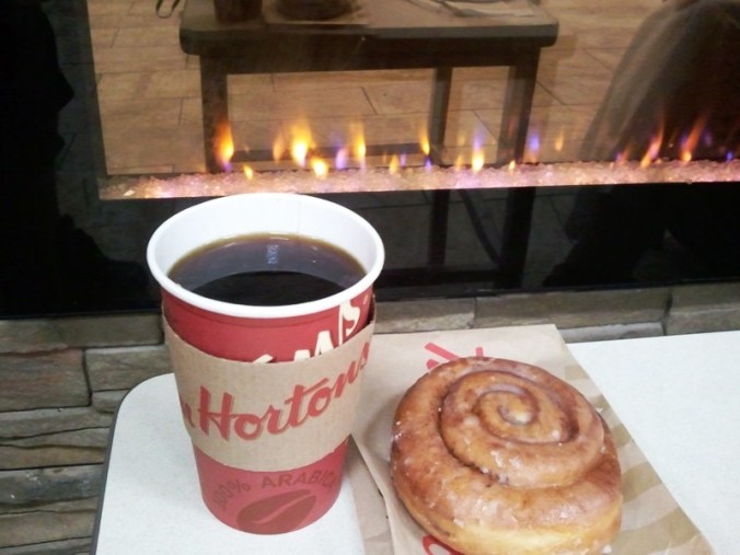 Tim Horton's coffee and cinnamon bun