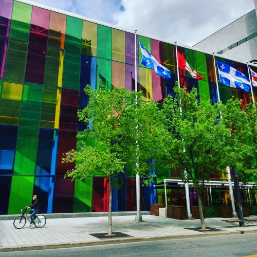 Colorful façade of the Montreal Convention Center/Palais des Congrès.