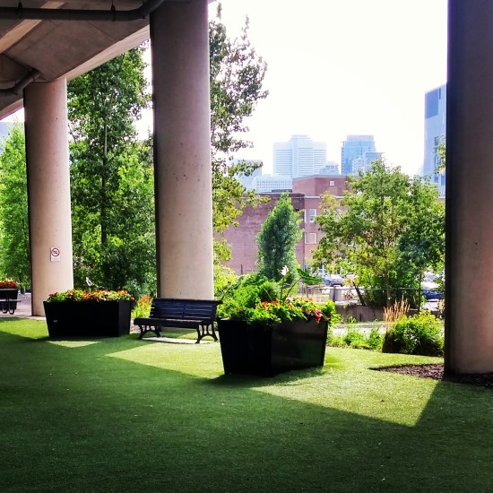View of Downtown Montreal from an underpass in Old Montreal.
