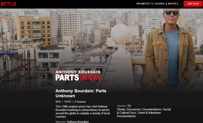 Were you and still are a huge Anthony Bourdain fan and loved his hit TV show Parts Unknown? 8 complete seasons are available on Netflix now. Enjoy! #travel #adventures #travelshow #foodies #food #AnthonyBourdain #Netflix 